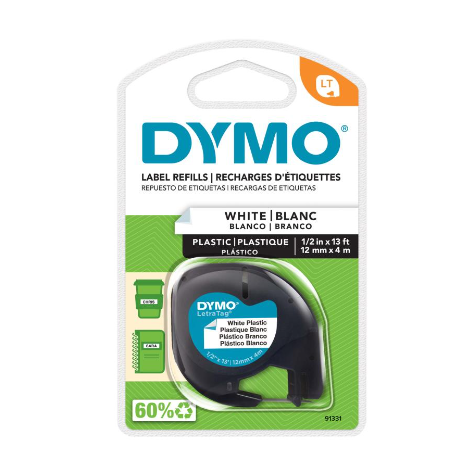 DYMO LetraTag Plastic Label Tape 12mm Black on White